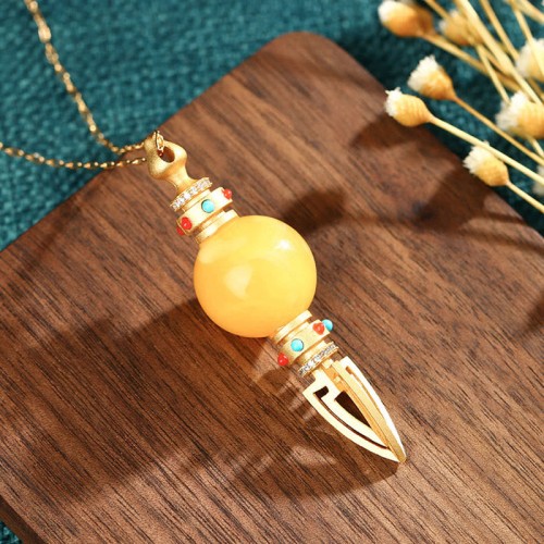 24K Gold Plated Amber Dorje Vajra Anxiety Necklace Pendant 24K Gold Plated Amber Dorje Vajra Anxiety Necklace Pendant