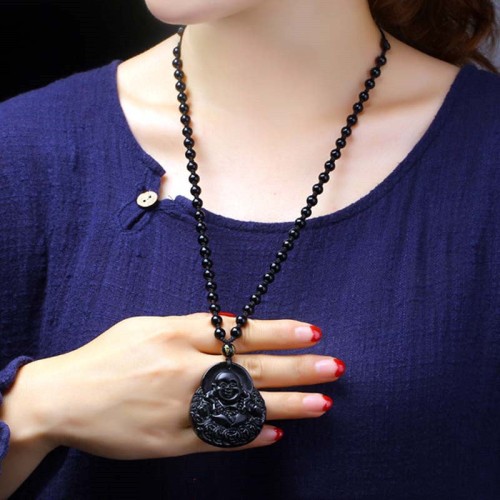 Laughing Buddha Black Obsidian Strength Necklace Laughing Buddha Black Obsidian Strength Necklace