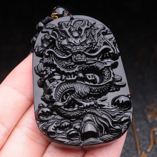 Black Obsidian Stone Dragon Fulfilment Necklace Pendant Black Obsidian Stone Dragon Fulfilment Necklace Pendant
