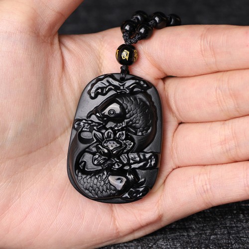 Black Obsidian Koi Fish Lotus Strength Necklace Black Obsidian Koi Fish Lotus Strength Necklace