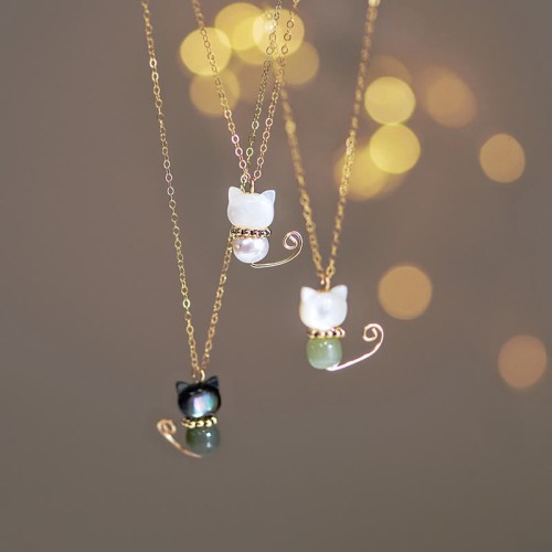 14K Gold Plated Pearl Hetian Jade Cat Necklace 14K Gold Plated Pearl Hetian Jade Cat Necklace