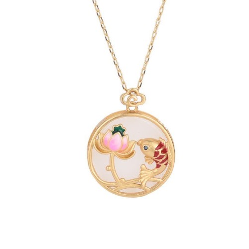 White Jade Koi Fish Lotus Necklace