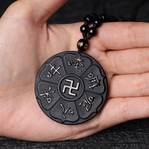 Natural Black Obsidian Om Mani Padme Hum Luck Necklace Natural Black Obsidian Om Mani Padme Hum Luck Necklace