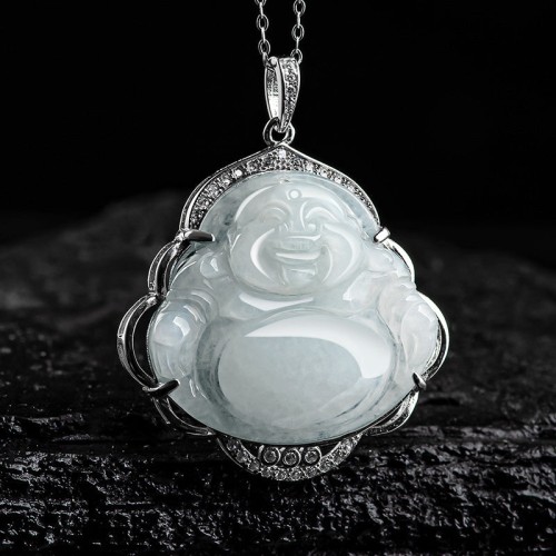 925 Sterling Silver Laughing Buddha Jade Necklace