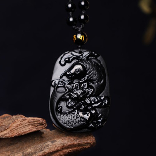 Black Obsidian Koi Fish Lotus Strength Necklace Black Obsidian Koi Fish Lotus Strength Necklace