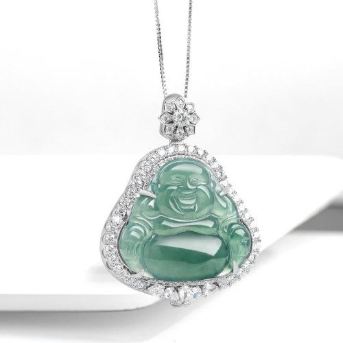 925 Sterling Silver Laughing Buddha Jade Luck Necklace Pendant