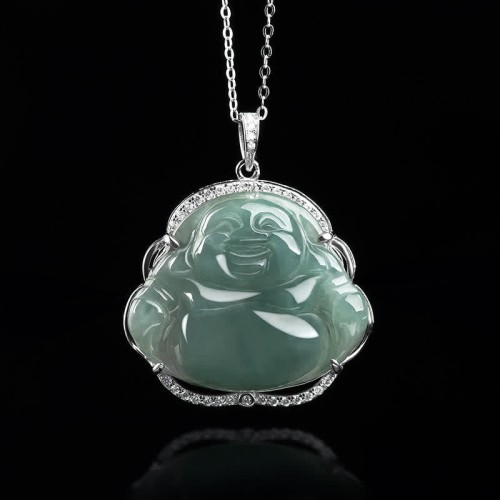 Sterling Silver Laughing Buddha Jade Luck Necklace