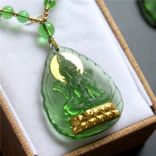 Tibetan Green Tara Buddha Liuli Crystal Protection Necklace Tibetan Green Tara Buddha Liuli Crystal Protection Necklace