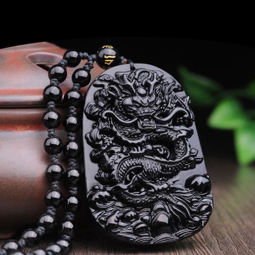 Black Obsidian Stone Dragon Fulfilment Necklace Pendant Black Obsidian Stone Dragon Fulfilment Necklace Pendant