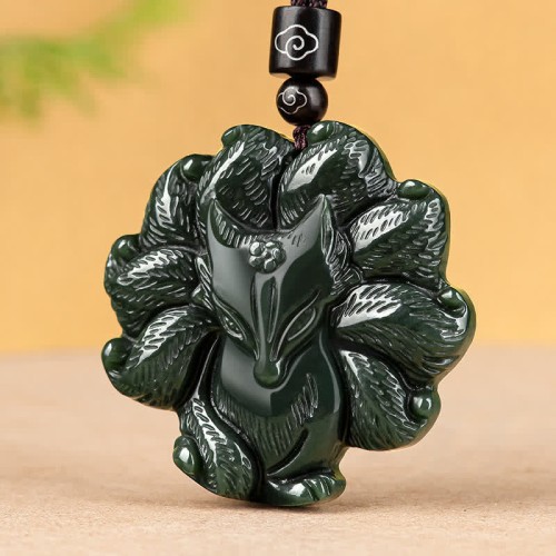 Hetian Cyan Jade Nine-Tailed Fox Luck Necklace