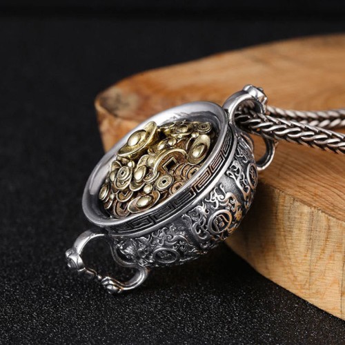 Treasure Bowl Copper Coin Wealth Necklace Pendant