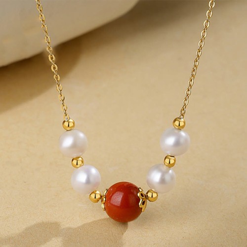 925 Silver Pearl Cinnabar Healing Bead Chain Necklace 925 Silver Pearl Cinnabar Healing Bead Chain Necklace