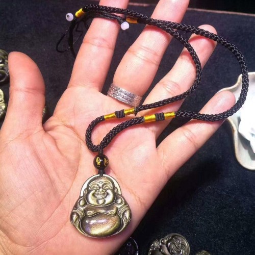 Laughing Buddha Gold Obsidian Wealth Necklace