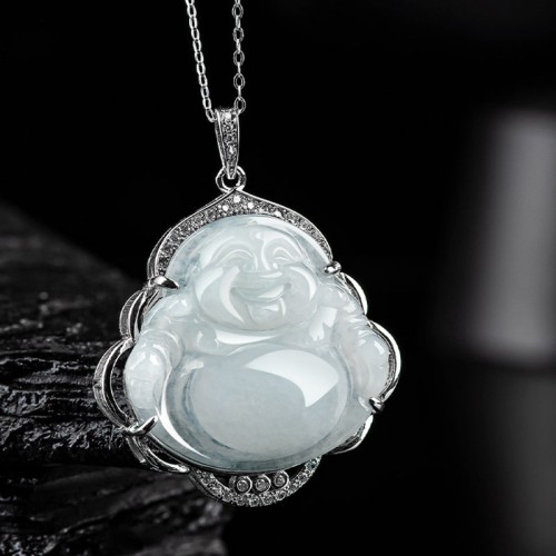 925 Sterling Silver Laughing Buddha Jade Necklace