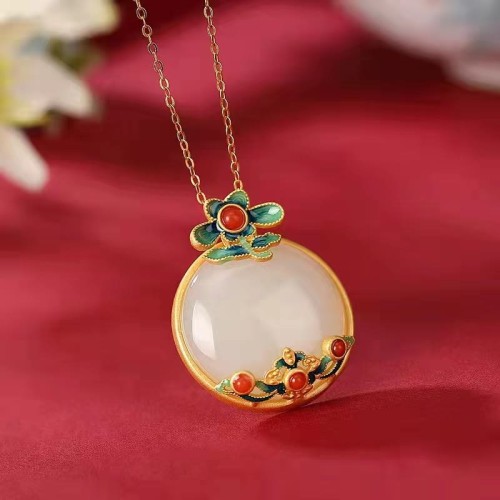 White Jade Red Agate Flower Blessing Necklace White Jade Red Agate Flower Blessing Necklace