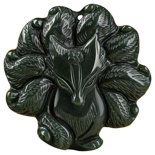 Hetian Cyan Jade Nine-Tailed Fox Luck Necklace