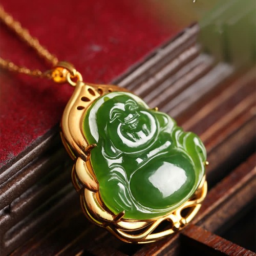 925 Sterling Silver Jade Laughing Buddha Necklace