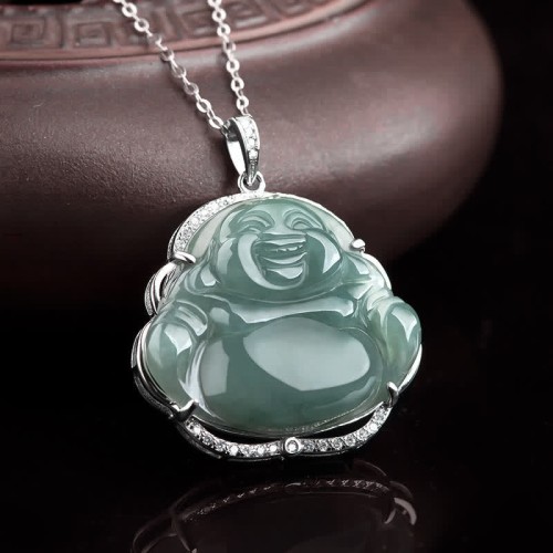 Sterling Silver Laughing Buddha Jade Luck Necklace