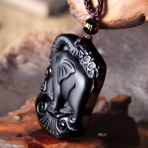 Black Obsidian Elephant Protection Key Chain Necklace Pendant