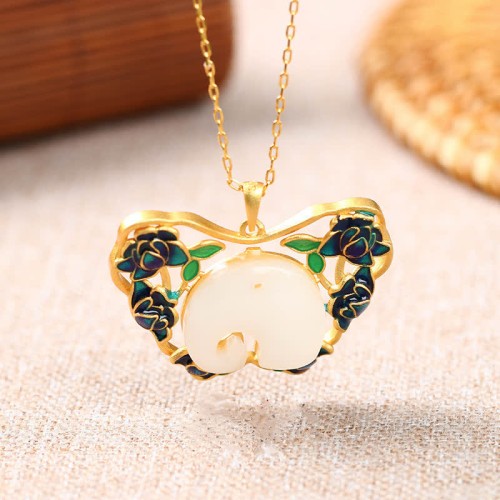 White Jade Elephant Butterfly Lotus Success Pendant White Jade Elephant Butterfly Lotus Success Pendant
