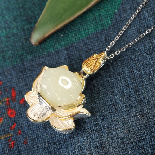White Jade Lotus Flower Happiness Necklace White Jade Lotus Flower Happiness Necklace