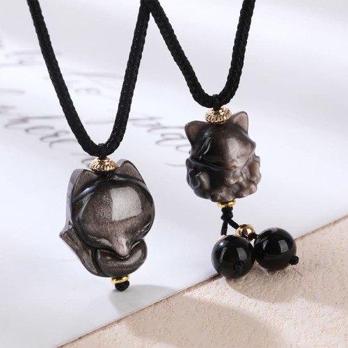 Silver Sheen Obsidian Nine-Tailed Fox Protection Necklace
