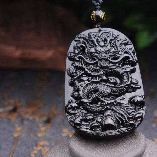 Black Obsidian Stone Dragon Fulfilment Necklace Pendant Black Obsidian Stone Dragon Fulfilment Necklace Pendant