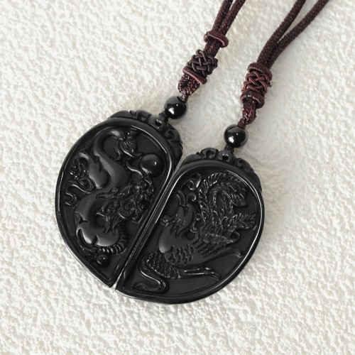 Black Obsidian Dragon Phoenix Protection Necklace
