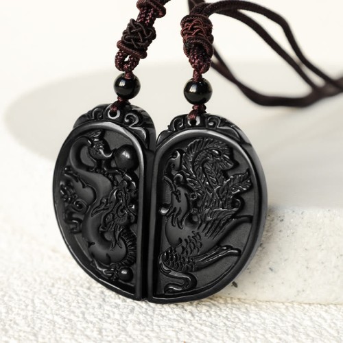 Black Obsidian Dragon Phoenix Protection Necklace