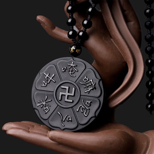 Natural Black Obsidian Om Mani Padme Hum Luck Necklace Natural Black Obsidian Om Mani Padme Hum Luck Necklace