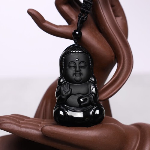 Black Obsidian Crystal Buddha Protection Necklace Black Obsidian Crystal Buddha Protection Necklace