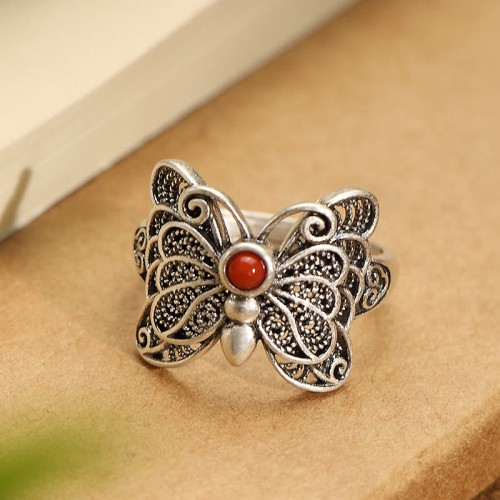 925 Sterling Silver Red Agate Butterfly Ring Set 925 Sterling Silver Red Agate Butterfly Ring Set