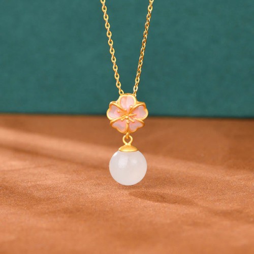 925 Silver Hetian Jade Cherry Blossom Luck Set 925 Silver Hetian Jade Cherry Blossom Luck Set