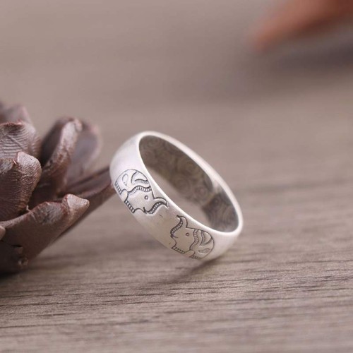 999 Sterling Silver Lotus Elephant Blessing Ring