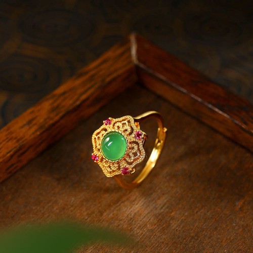 Green Chalcedony Hollow Strength Adjustable Ring Green Chalcedony Hollow Strength Adjustable Ring