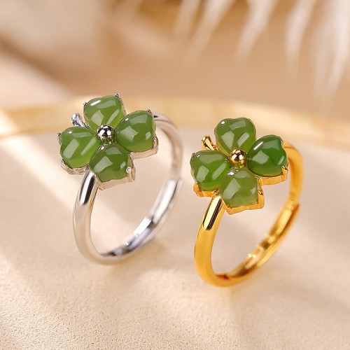 925 Silver Plated Gold Clover Hetian Jade Ring 925 Silver Plated Gold Clover Hetian Jade Ring