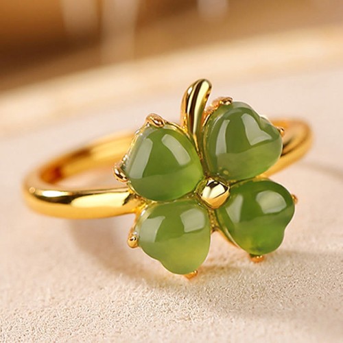 925 Silver Plated Gold Clover Hetian Jade Ring 925 Silver Plated Gold Clover Hetian Jade Ring