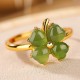 925 Silver Plated Gold Clover Hetian Jade Ring 925 Silver Plated Gold Clover Hetian Jade Ring