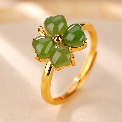 925 Silver Plated Gold Clover Hetian Jade Ring 925 Silver Plated Gold Clover Hetian Jade Ring
