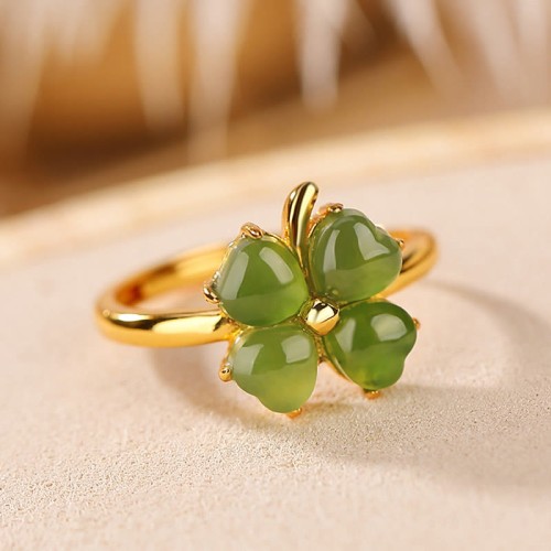 925 Silver Plated Gold Clover Hetian Jade Ring 925 Silver Plated Gold Clover Hetian Jade Ring