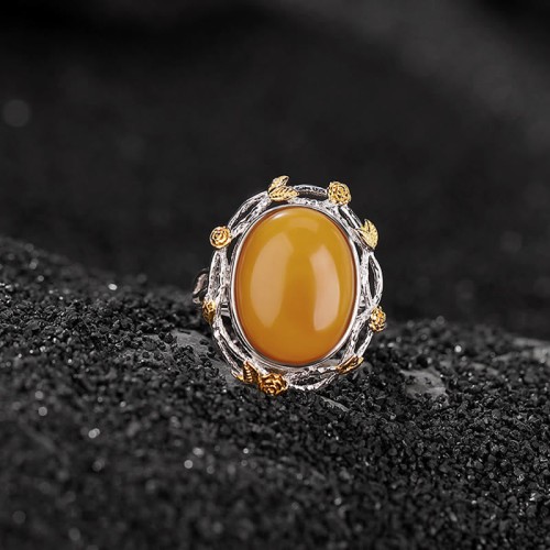 990 Sterling Silver Gold Plated Amber Ring 990 Sterling Silver Gold Plated Amber Ring