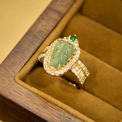 Copper Plated Gold Jade Leaf Diamond Luck Ring