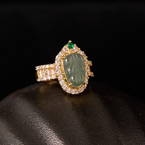 Copper Plated Gold Jade Leaf Diamond Luck Ring