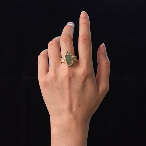 Copper Plated Gold Jade Leaf Diamond Luck Ring