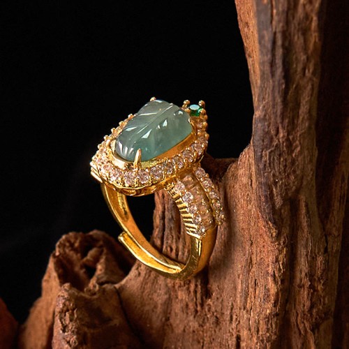 Copper Plated Gold Jade Leaf Diamond Luck Ring