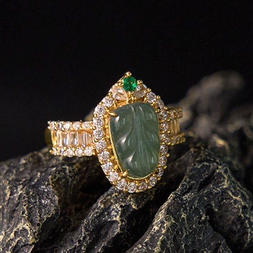 Copper Plated Gold Jade Leaf Diamond Luck Ring