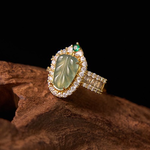 Copper Plated Gold Jade Leaf Diamond Luck Ring