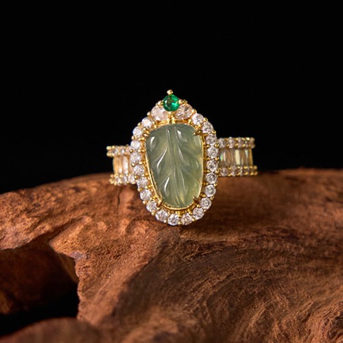 Copper Plated Gold Jade Leaf Diamond Luck Ring