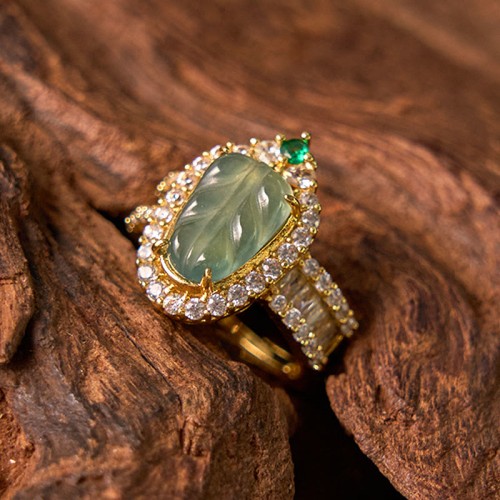 Copper Plated Gold Jade Leaf Diamond Luck Ring