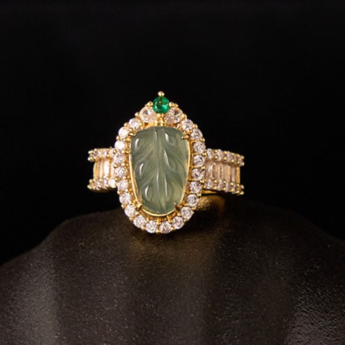 Copper Plated Gold Jade Leaf Diamond Luck Ring